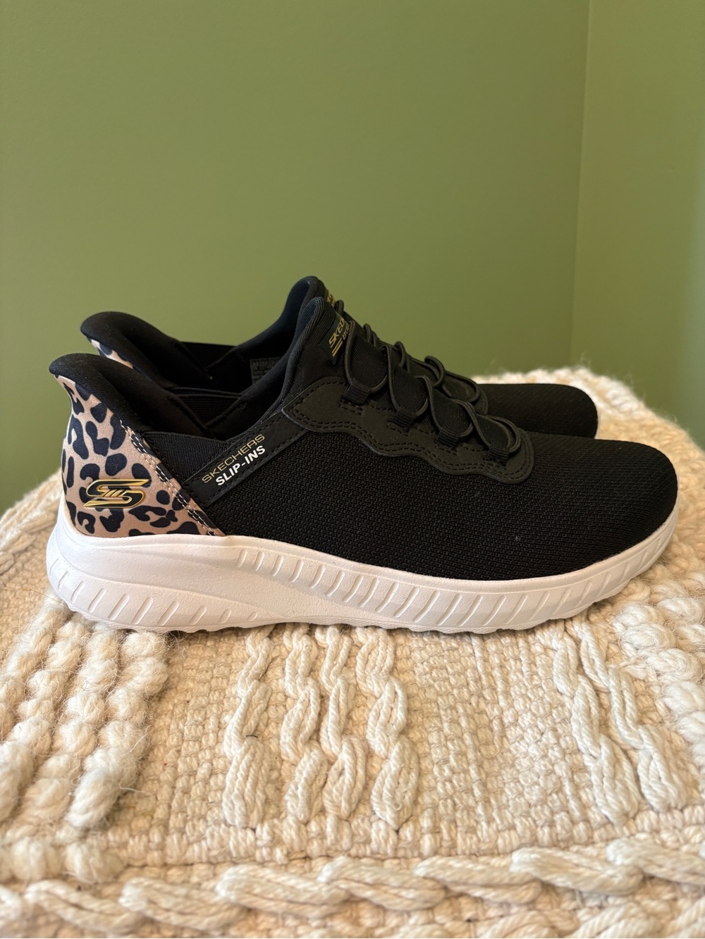 Skechers Men’s Black Slip-On Sneakers with Leopard Heel Detail - Picture 2 of 6